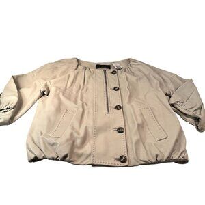 BCBG Max Azria Leather Jacket Cropped Ruched Collarless Button Zip Cotton